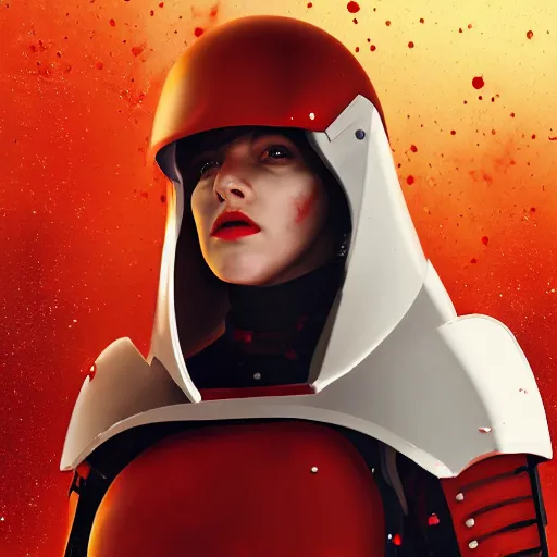 Image similar to a young female soldier wearing blood-spattered glossy sleek white dinged scuffed armor and a long torn red cape, heroic posture, determined expression, elegant, no helmet, on the surface of mars, dramatic lighting, cinematic, sci-fi, hyperrealistic, detailed