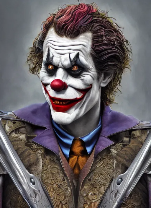 Image similar to powerful male clown, willem dafoe as the joker, full body character concept, covered in full metal armor, art nouveau, super powers, fantasy, intricate, elegant, highly detailed, digital painting, artstation, concept art, shining, sharp focus, illustration, art oleg bulakh