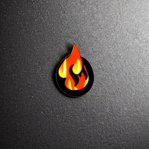 Image similar to an award - winning photo of a retro minimalistic clean fire flames warning label enamel pin, studio lighting, behance