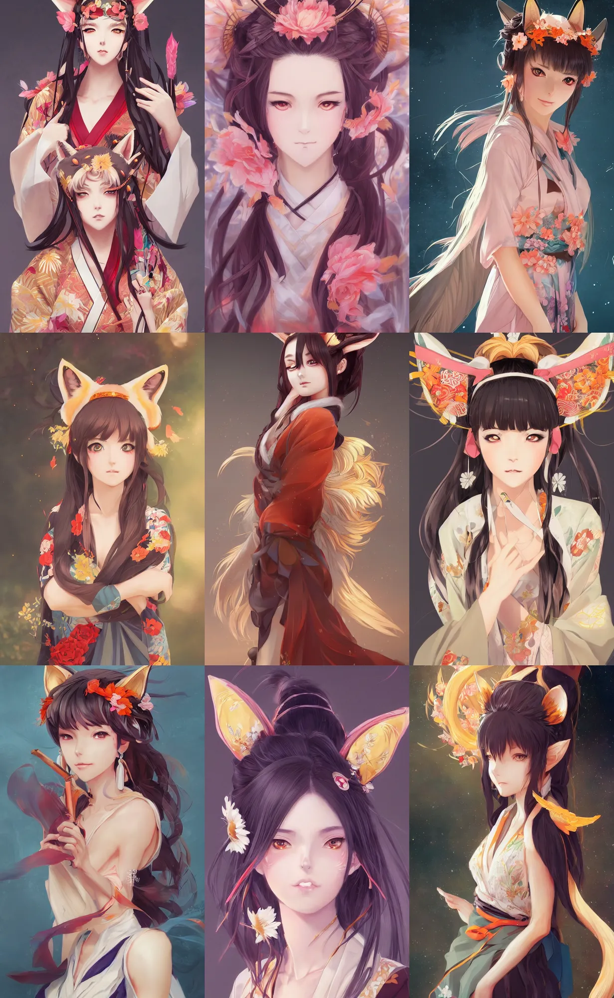 Prompt: A beautiful anime-style digital concept portrait of a beautiful young woman with fox ears and nine fox tails wearing a kimono, by Stanley Artgerm Lau, WLOP, Rossdraws, LeraPi, and Sakimichan, tranding on artstation, SFW version
