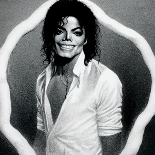 Image similar to michael jackson with a creepy smile, bathing in a pool of milk