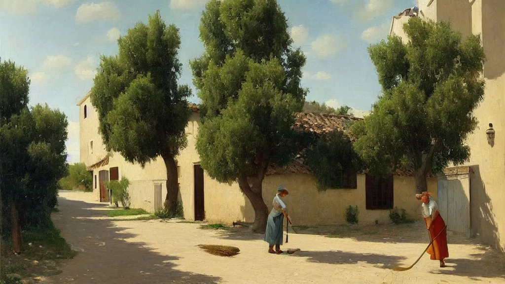 Image similar to a beautiful extremely complex painting of a street in a mediterranean village in summer by peter ilsted, whitewashed housed, tall cypress trees, blue shutters on windows, elderly woman sweeping the ground with a broom, national gallery of art highlights