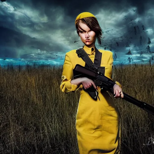 Prompt: ukrainian woman - soldier with kalashnikov gun, beautiful epic photography, high quality, profound gaze, big blown eyes, yellow and blue ribbons, emotionally touching, digital art, dramatic sky, battlefield, fire