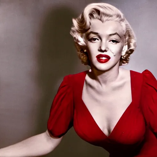 Prompt: Stunning studio photograph of Marilyn Monroe in a red dress smiling slightly for the camera, XF IQ4, f/1.4, ISO 200, 1/160s, 8K, RAW, unedited, symmetrical balance, in-frame, sharpened