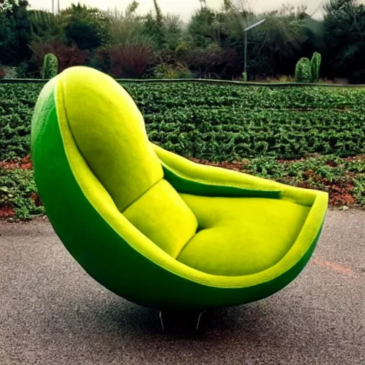 Image similar to an armchair in the shape of an avocado, flying in space