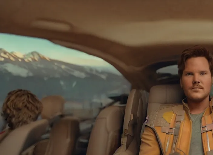 Image similar to a very high resolution image from a new movie, starlord. inside of a car. mountains, falling stars, directed by wes anderson