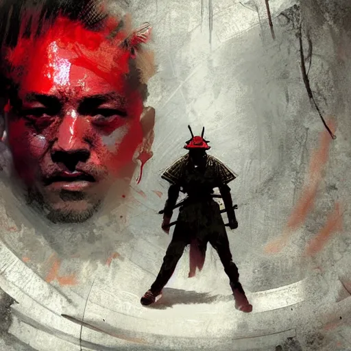 Image similar to artwork by Craig Mullins and Russ Mills and SPARTH showing a samurai in front of a red circle