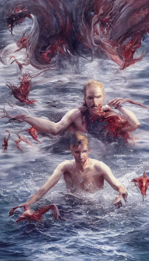 Image similar to man on boat crossing a body of water in hell with creatures in the water, sea of souls, by rob hefferan