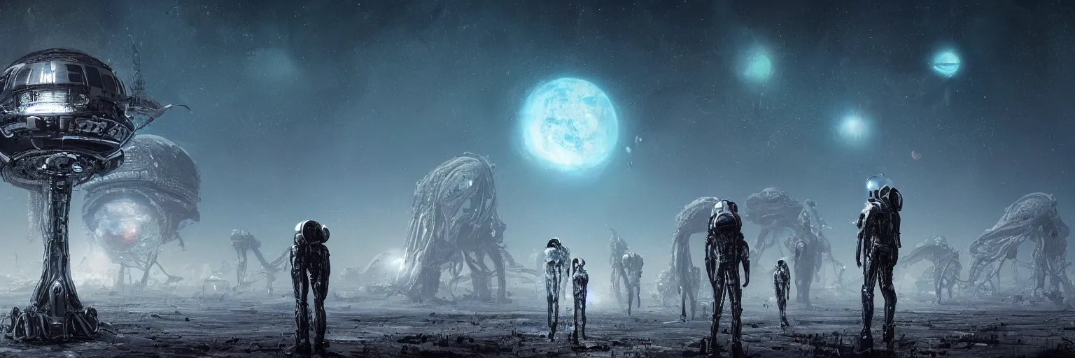 Image similar to a highly detailed digital realistic photo of aliens looking at the seventh planet from space, universe, invasion time on planet earth, digital art, cinematic, satellite imagery, 8 k, super - resolution, by h. r. giger, by ismail inceoglu, by karol bak, unreal engine