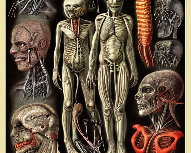 Image similar to highly detailed labeled medical anatomy poster of h. r. giger's alien, photorealistic, hyperrealistic, high resolution