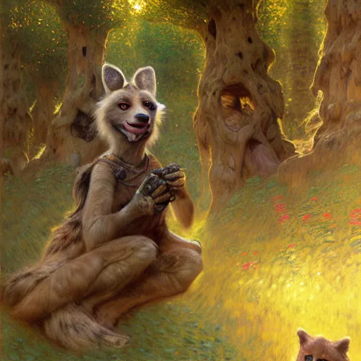 Image similar to a forest with a female hyena hyenawoman canine in wizard robes. zootopia fursona furaffinity furry art detailed face painting by gaston bussiere craig mullins jc leyendecker gustav klimt artgerm greg rutkowski furry