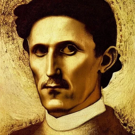 Prompt: A portrait of Nicola Tesla, oil on canvas by Leonardo Da Vinci