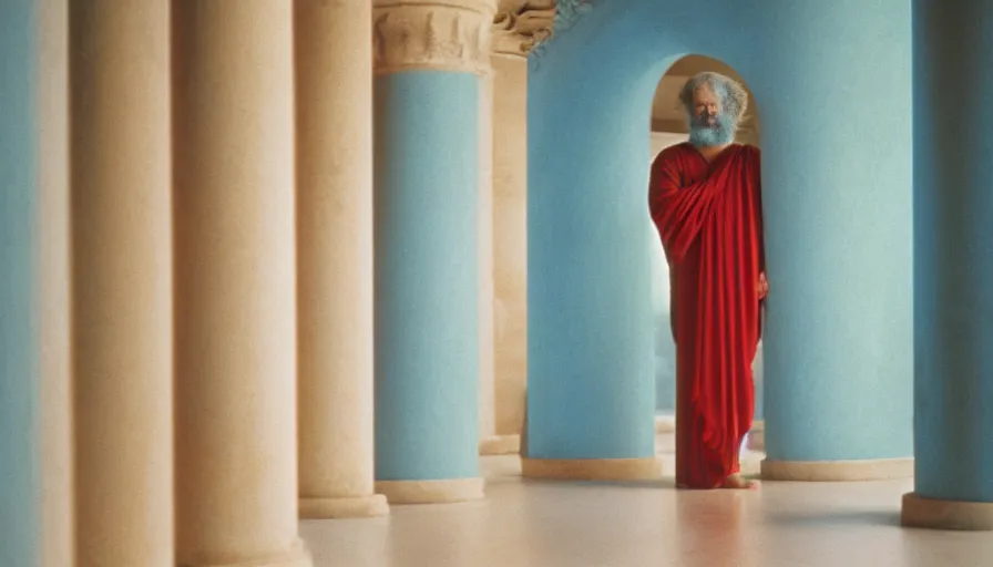 Prompt: 1 9 7 0 s movie still of socrates in red drapery in a light - blue neoclassical infinite tunnel with collums, cinestill 8 0 0 t 3 5 mm, high quality, heavy grain, high detail, panoramic, ultra wide lens, cinematic light, dramatic light, anamorphic