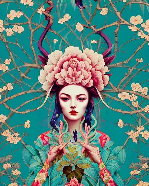 Prompt: Tristan Eaton floral tree wallpaper, chinoiserie pattern, peter mohrbacher, alena aenami