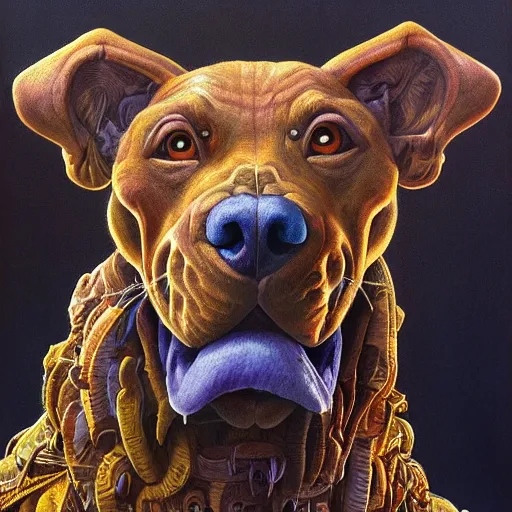 Prompt: epic portrait of Scooby-Doo, highly detailed, intricate details, symmetry, golden ratio, hyperrealistic, photorealistic, oil painting by rutkowski and beksinski, trending on artstation, deviantart