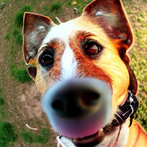 Image similar to Selfie of a dog, first-person view, fisheye lens, photorealistic imagery, trending on artstation, 4k, 8k