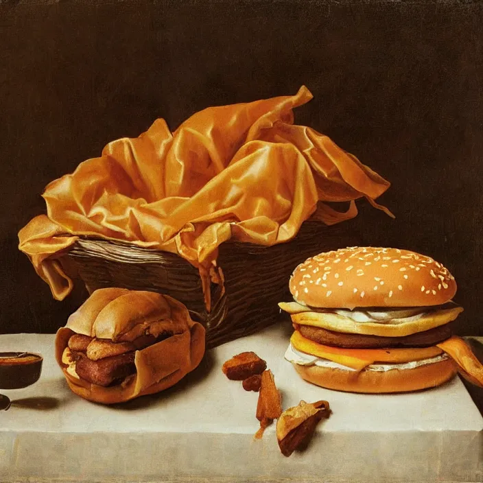 Prompt: Wrapped McDonalds fast food Dutch Still Life of the 1600s