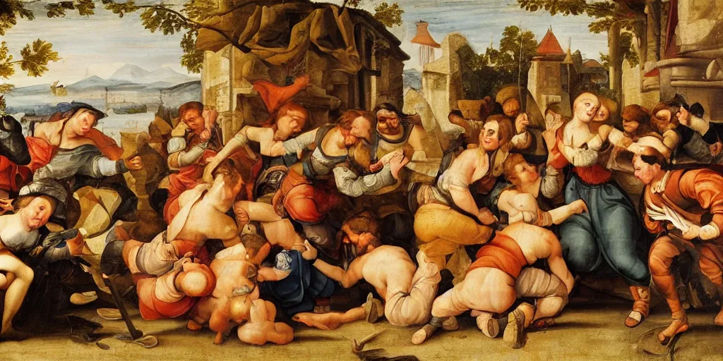 Prompt: an renaissance oil painting depicting customers fighting over toiletpaper, lots of toiletpaper , masterpiece, detailed oil painting, historical, battle