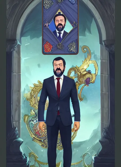 Prompt: matteo salvini, wearing a suit, tarot card, deep focus, d & d, fantasy, intricate, elegant, highly detailed, digital painting, artstation, concept art, matte, sharp focus, italian flag, illustration, hearthstone, art by artgerm and greg rutkowski and alphonse mucha