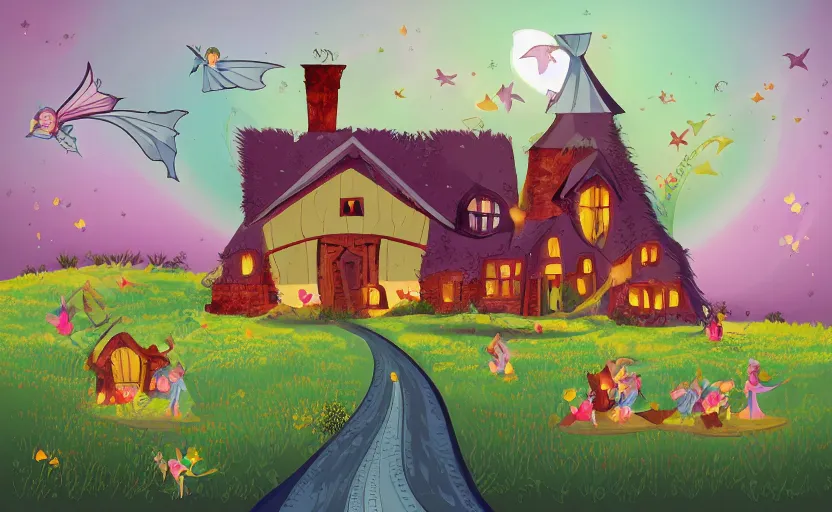 Image similar to magical farmhouse, fairies flying, vector, storybook, muted colors, gouache, flat, sharp edges, print