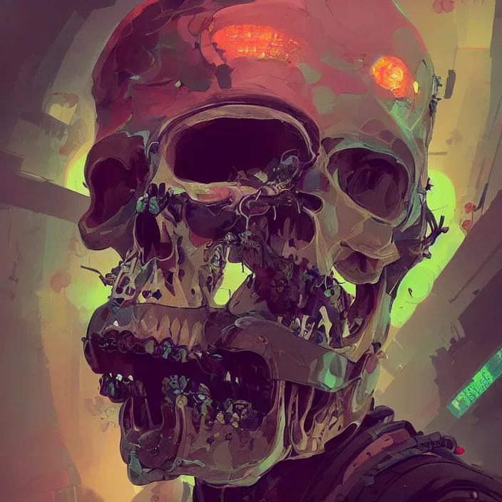 Image similar to a beautiful painting of a cyberpunk skull by sergey kolesov and vania zouravliov and pascal blanche and rhads. in style of colorful comic noir illustration, symmetry, sci fi, hyper detailed. octane render. trending on artstation