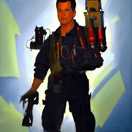 Prompt: greg manchess portrait painting of ghostbuster peter venkman overwatch character, medium shot, asymmetrical, profile picture, organic painting, sunny day, matte painting, bold shapes, hard edges, street art, trending on artstation, by huang guangjian and gil elvgren and sachin teng