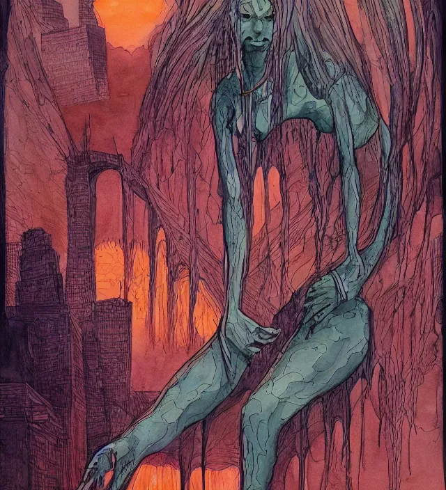 Image similar to a watercolor ink painting of the primordial eldritch goddess of fear hiding in new york in the style of jean giraud in the style of moebius trending on artstation deviantart pinterest detailed realistic hd 8 k high resolution