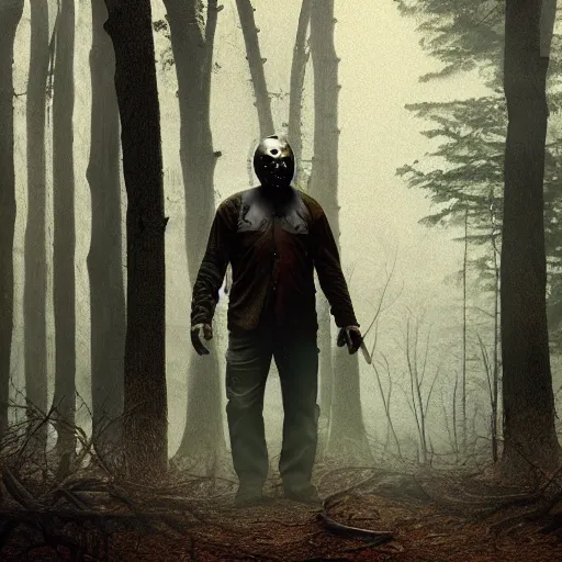 Image similar to A still image of Jason Voorhees in the woods foggy Digital art very detail 4K quality super realistic