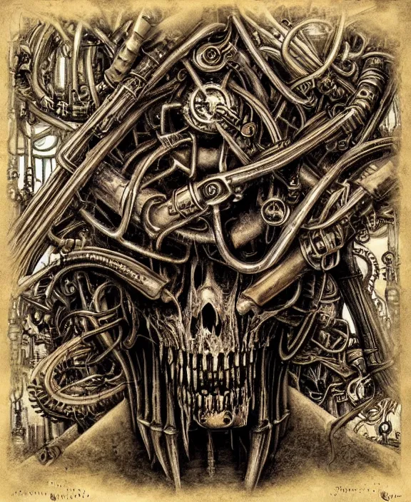 Prompt: a steampunk heavy metal album cover by hr giger