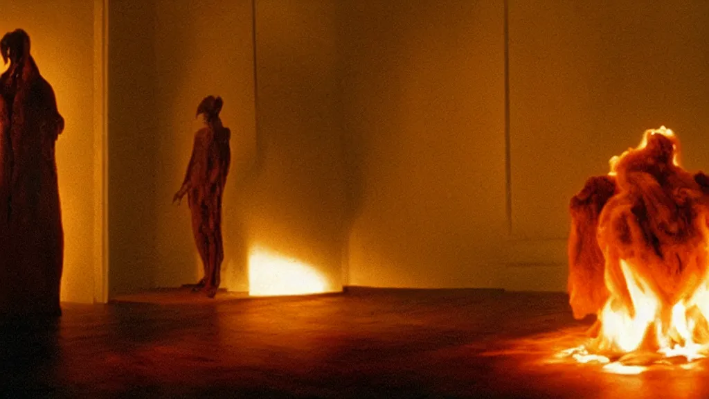 Prompt: the strange creature in the closet, made of fire and wax, film still from the movie directed by Denis Villeneuve with art direction by Salvador Dalí, wide lens