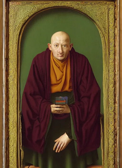 Image similar to a portrait of a monk using his mainframe by Jan van Eyck