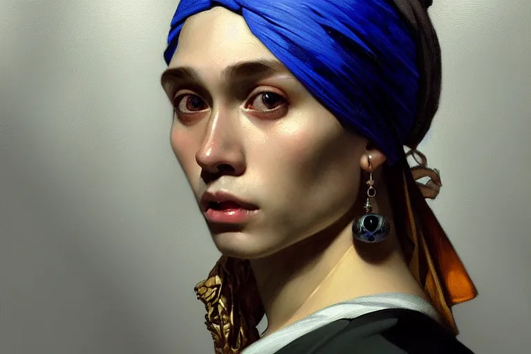 Image similar to Boy with a black pearl earring, portrait, sharp focus, intricate, elegant, digital painting, artstation, matte, highly detailed, concept art, illustration, ambient lighting, art by artgerm, Alphonse mucha, and Greg Rutkowski