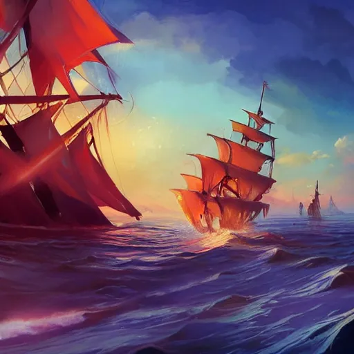 Image similar to ocean wherea large pirate ship is sailing, pirates flag, cgsociety, fantasy art, 2 d game art, concept art, heavenly lighting, retrowave, behance hd, concept art by jesper ejsing, by rhads, makoto shinkai cyril rolando, madgwick, cory loftis, anime studio and pixar animation studio and disney