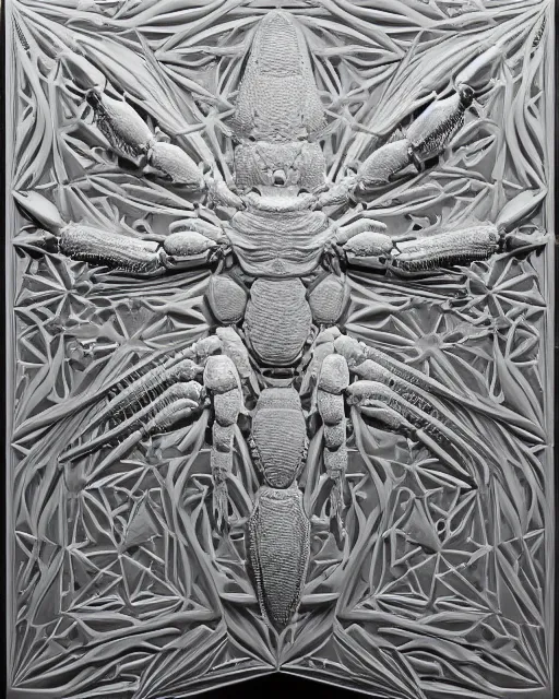 Image similar to symmetry, white marble, white marble bas relief sculpture, white and gold kintsugi, feminine shapes, crabs, spiders, scorpions, tarantulas, stunning, art by hr geiger and ridley scott, highly detailed, intricately detailed, octane, 8 k, trending on artstation