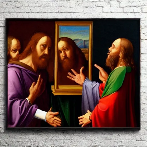 Image similar to jesus christ preaching to vladmir putin, photorealistic frame hanging on the wall, ultra-realistic in the colourful style of leonardo da vinci artstation hd oil painting and edward hooper, renaissance painting