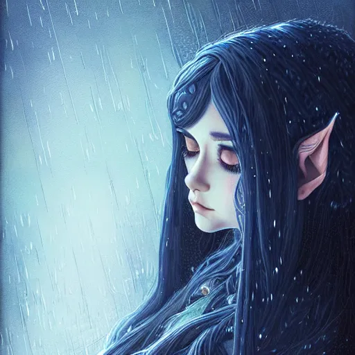 Image similar to highly detailed portrait of an elven fairy, in the rain, highly detailed, painting, dark blue and black color palette, intricate, high quality anime artstyle, in the style of ilya kuvshinov