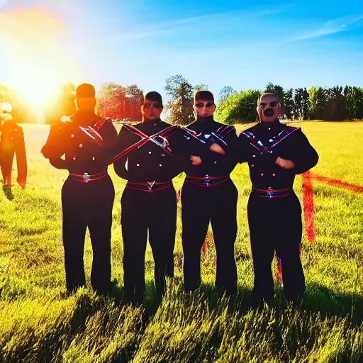 Prompt: a photo taken on a phone of a group of pike men standing in formation on a grassy field, sun flare.