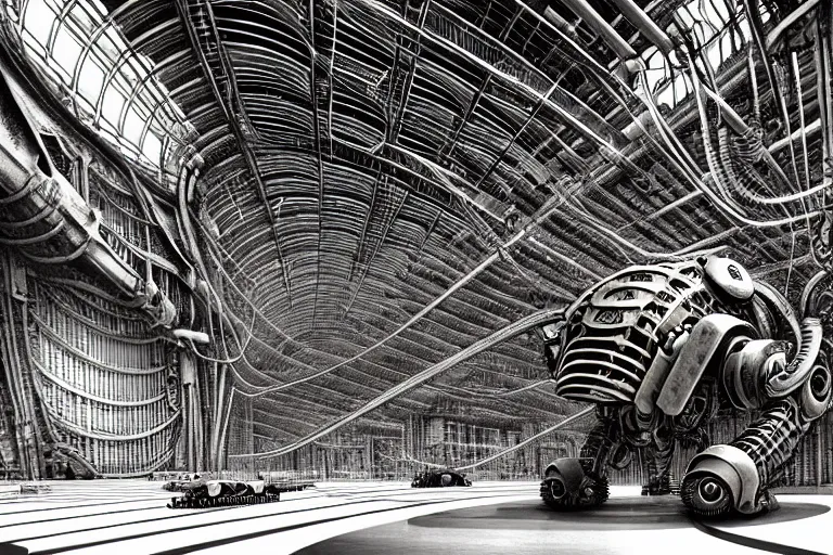 Image similar to dieselpunk huge robotic dragonfly, inside an gigantic underground concrete doom hangar, interior structure, drains, storm drains, jungle, vines, algea, cables, panels, walls, ceiling, floor, doors, brutalist architecture, intricate ink drawing, highly detailed in the style of Ashley Wood, moebius and Tsutomu Nihei, photorealistic, cinematic, intricate detail, well lit,