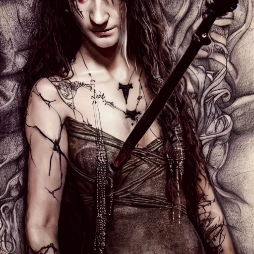 Image similar to Hermione in tattoos conjuring with a magic wand, by luis royo art, dressed beautiful gown, beautiful eyes, Beautiful face, by Aggi Erguna, high detail, high resolution, art from harry potter, by David Lazar and Annie Leibovitz 500px photos, top cinematic lighting ,