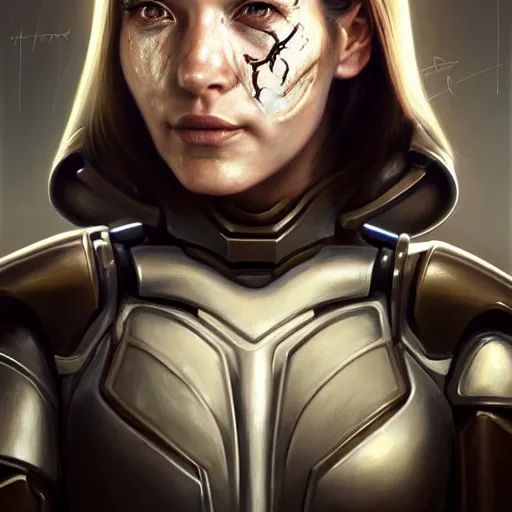 Image similar to portrait of a woman with the scars of battle on her face, wearing sci-fi power armor, Alexandria's genesis, chin-length hair, bored, illustration, soft lighting, soft details, hyper realism, high detailed, painting oil on canvas by mark arian by artgerm, trending on artstation, 4k, 8k, HD