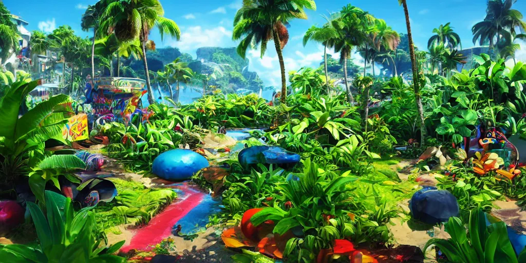 Image similar to plastic beach island lush vegetation caustics fluid simulation lighting impressive colorful masterpiece graffiti hyper perspective textured detailed intricate sharp focus 8 k octane render nvidia raytracing demo