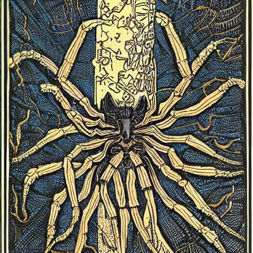 Prompt: a girl with a spider, colored woodcut, poster art, by Mackintosh, art noveau, by Ernst Haeckel