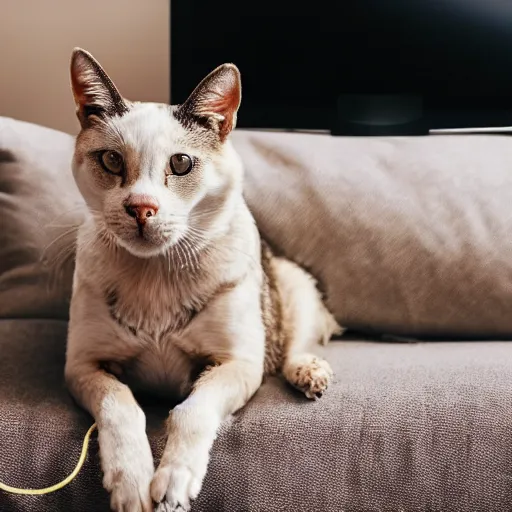 Image similar to a very detailed and sharp photo of a dog and a cat sitting on a couch watching tv