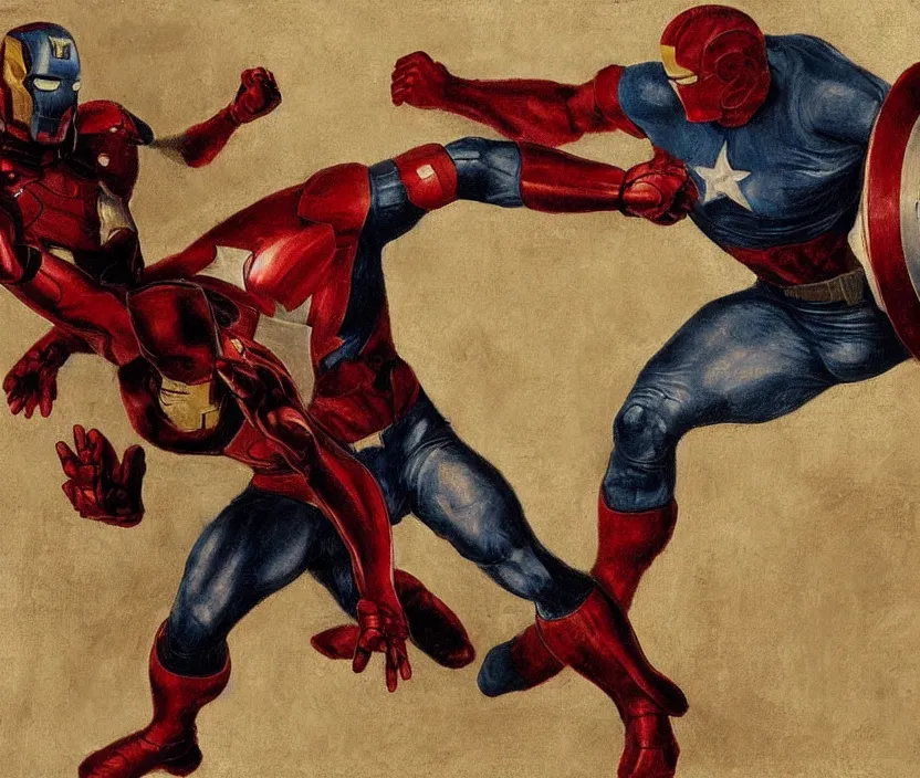 Prompt: oil painting of a fight between Iron man and captain America by Leonardo da Vinci