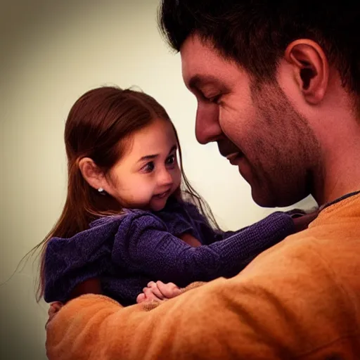 Prompt: “ a father holding his daughter, ultra realistic, 8 k, photorealistic, love ”