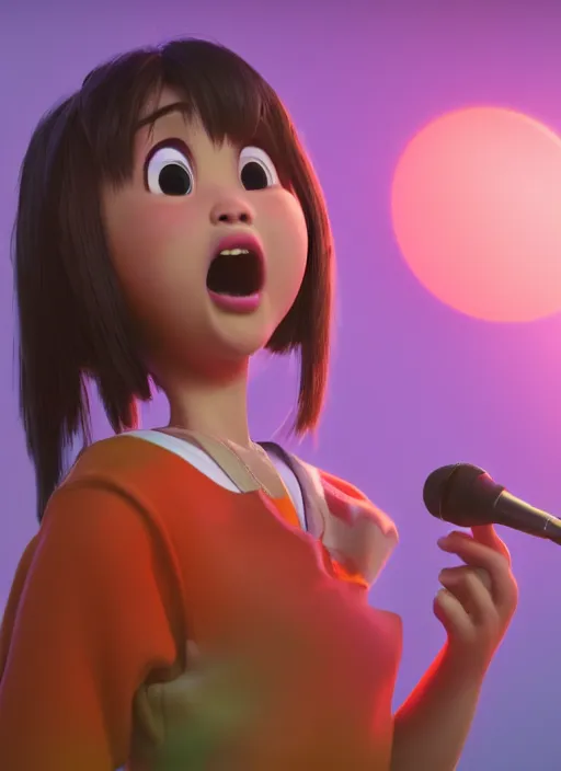 Prompt: a cute asian girl singing, in the style of pixar animation, mid-shot, award winning, hyper detailed, studio lighting, artstation, octane renderer, unreal engine