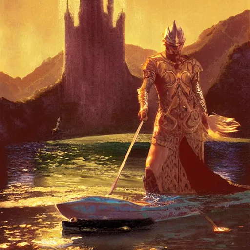 Prompt: the lady of the lake gives excalibur to king arthur by craig mullins and james gurney