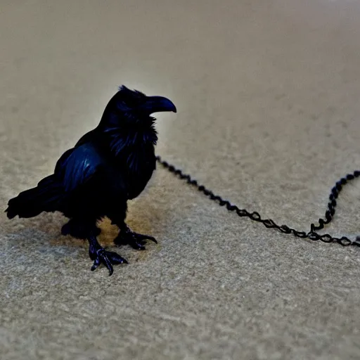 Prompt: a raven stole a pendant with its beak