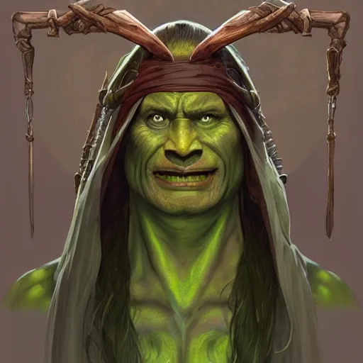 Image similar to “portrait of an orc (green skin) oracle wearing robes and a blindfold, D&D character, highly detailed, digital fantasy character painted portrait, artstation, concept art, sharp focus, illustration, art by artgerm and greg rutkowski and alphonse mucha and craig mullins and James Jean and Andrei Riabovitchev and Marc Simonetti and peter mohrbacher”