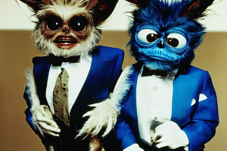 Image similar to a portrait photograph of gizmo from the movie gremlins wearing a blue wedding suit and looking proud, portrait taken by annie leibovitz,